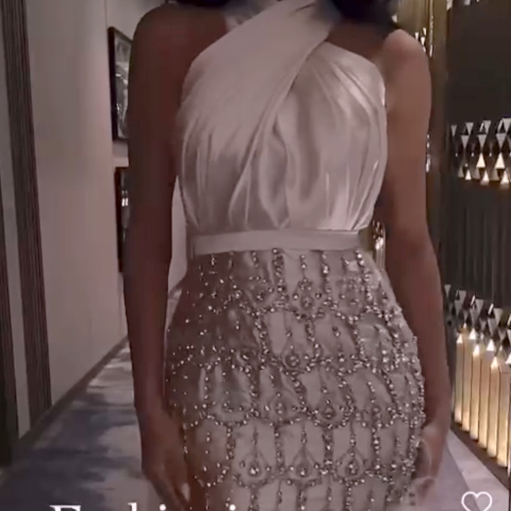 White/sliver midi evening dress with feathers on the sides